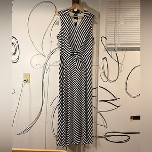 Joseph Ribkoff Dark Navy and White Striped Twist-Front Maxi Dress, v Neck, US 14